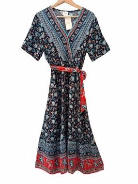 GLM Floral V-Neck Midi Dress Womens Sz L Black Red Rayon Tie Waist Flowy Boho